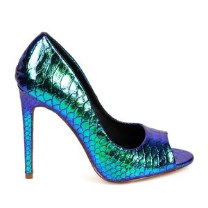 Liliana Hadid-1 Green Hologram peep toe heels